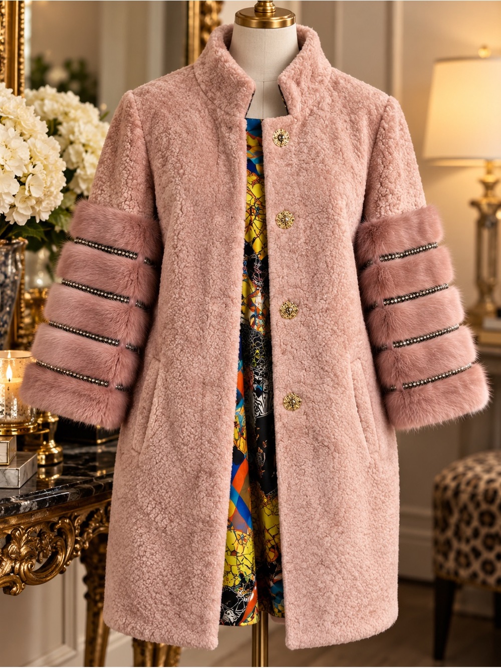 VANTINO Genuine Pink Shearling Coat Mink Fur 3/4 Sleeves S/M